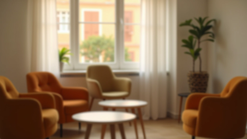 Ambiente de coaching profissional, cadeiras confortáveis dispostas para conversa, luz natural de janela, espaço acolhedor e seguro