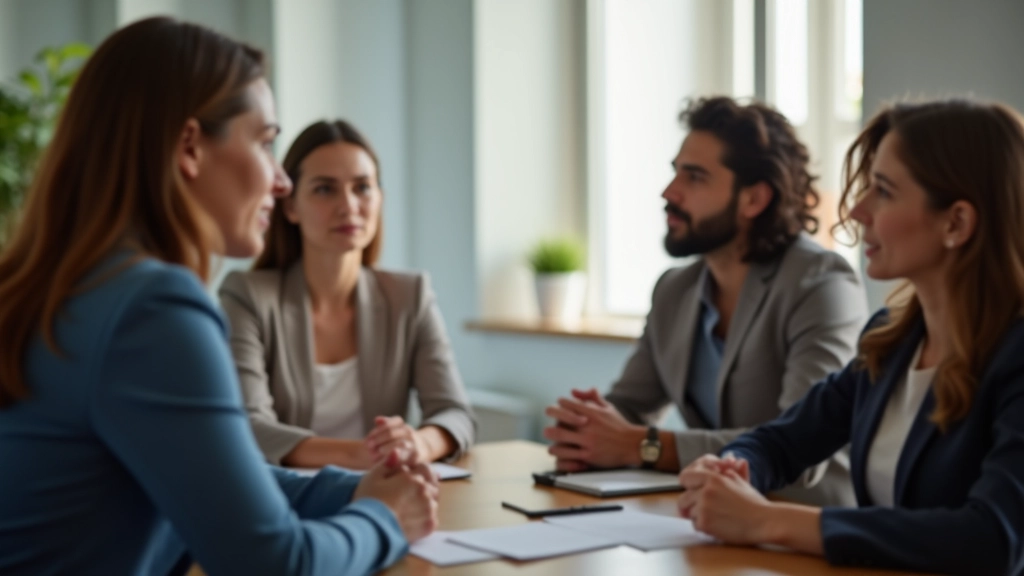 Sessão de treinamento em assertividade com grupo diverso de participantes em sala moderna