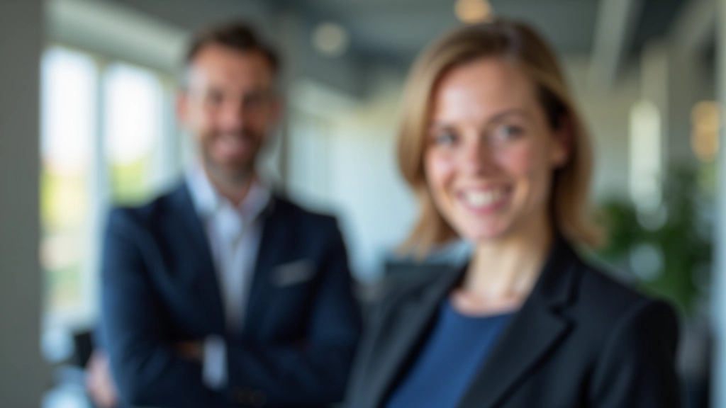 Homem e mulher em conversa profissional, com postura aberta e linguagem corporal confiante