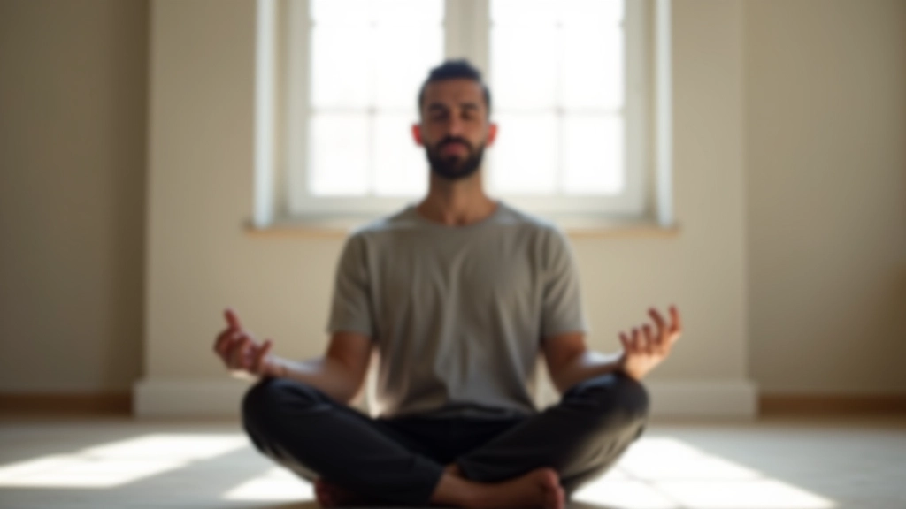 Homem meditando em espaço calmo, expressão de paz interior