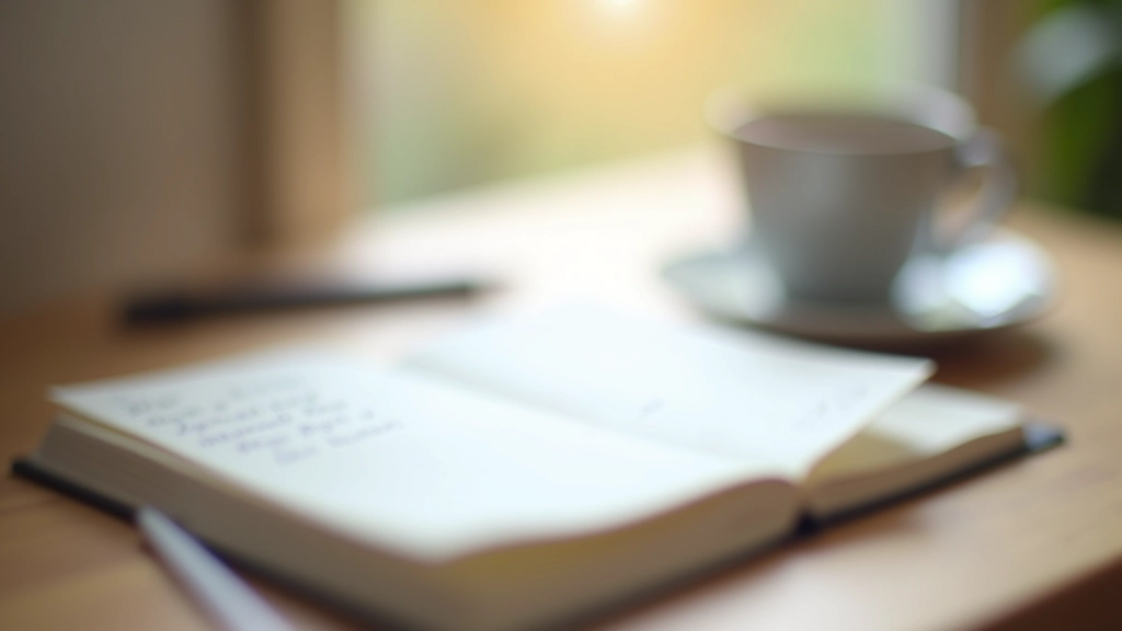 Caderno aberto com anotações à mão, ao lado de uma caneta e uma chávena de café numa mesa de madeira