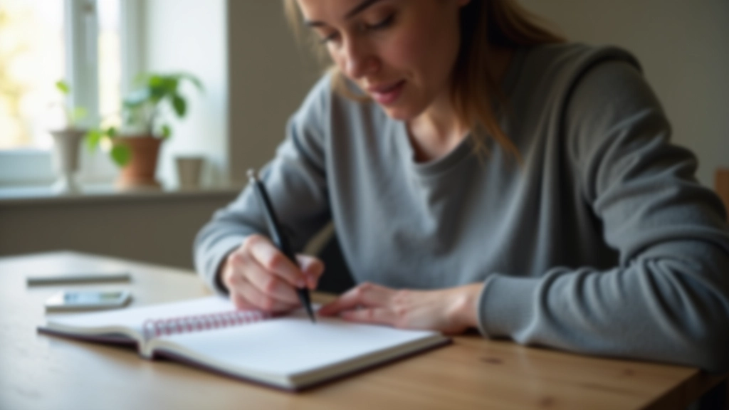 Pessoa a escrever numa folha de papel com caneta, concentrada e reflectida, num ambiente calmo com luz natural