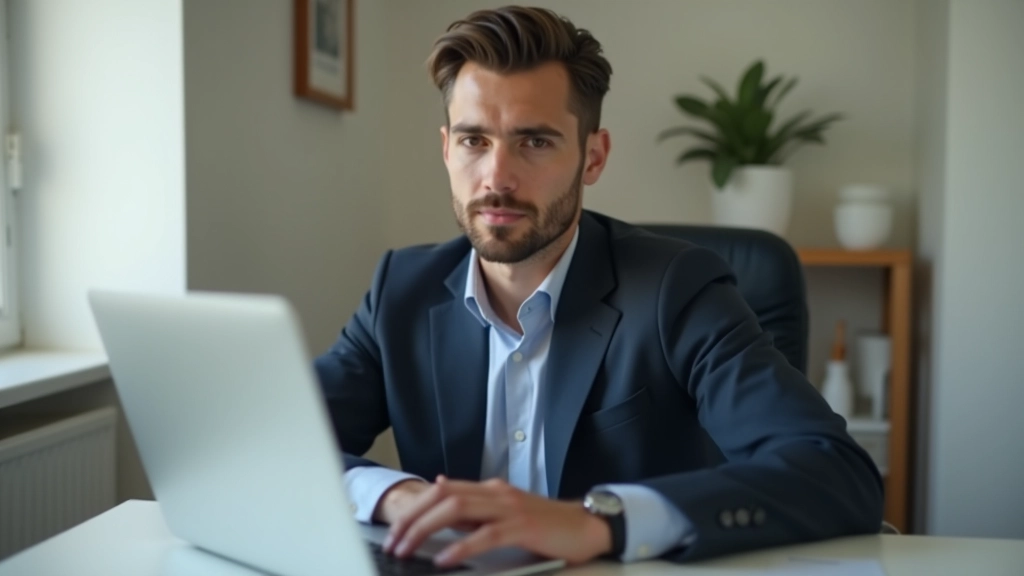 Pessoa numa mesa de trabalho com laptop, em pausa, com expressão focada e determinada, durante horas de trabalho
