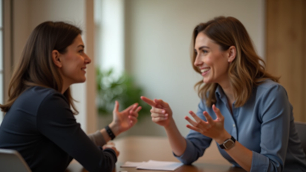 Duas pessoas numa reunião, uma a falar com gestos naturais e a outra a ouvir atentamente