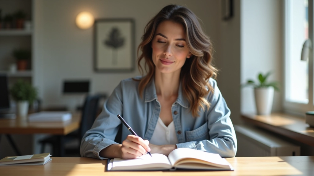 Pessoa sentada a um escritório, a anotar objetivos pequenos numa agenda, com expressão focada e determinada