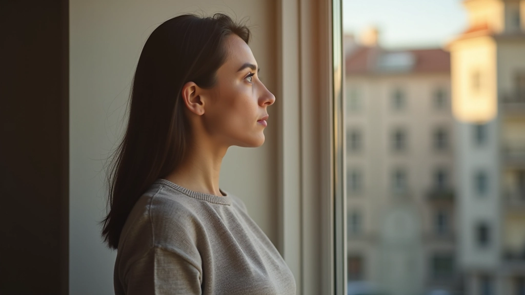 Mulher em atitude reflexiva, de pé junto a janela com luz morna, olhar voltado para longe com expressão pensativa