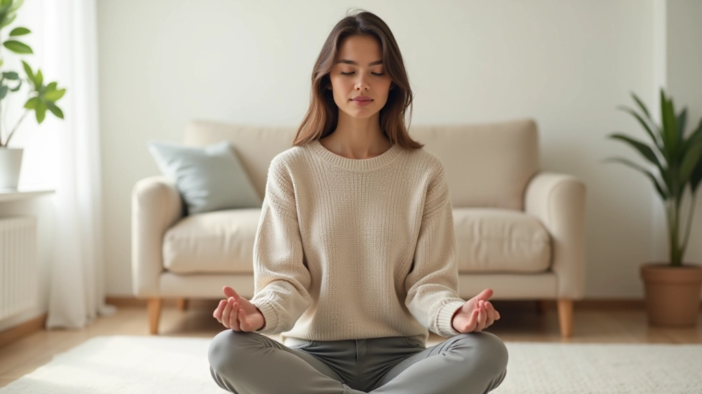 Mulher meditando numa sala calma com luz natural suave, expressão pacífica e centrada, numa atitude de reflexão pessoal