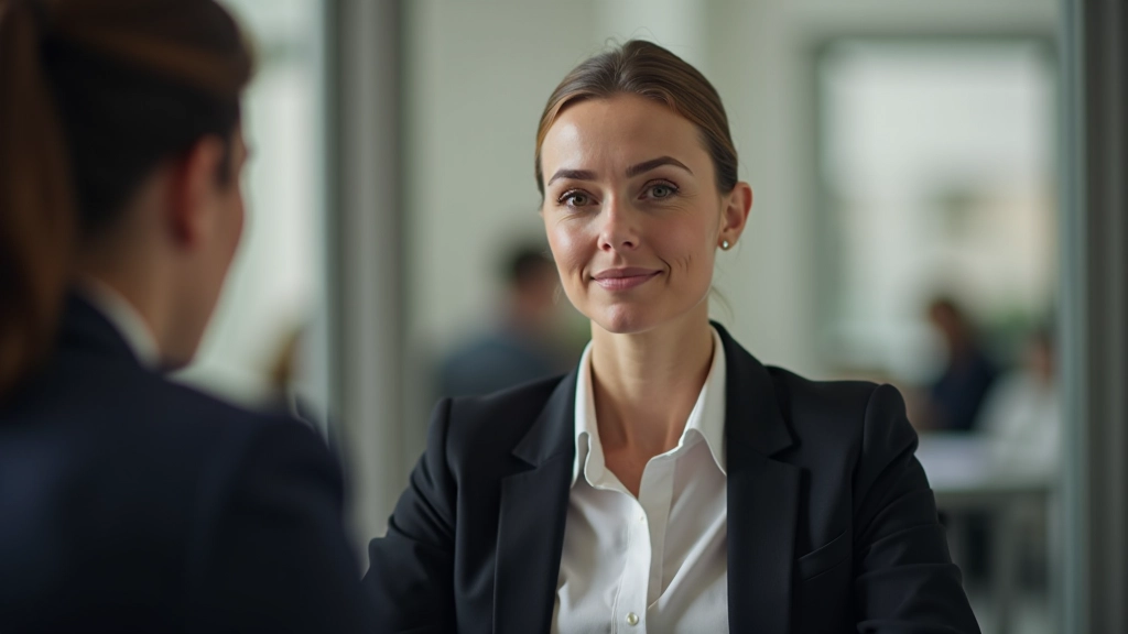 Mulher em conversa com colega num ambiente profissional, com expressão confiante e calma, ambos sentados frente a frente
