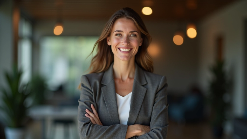 Mulher em sessão de treino pessoal, postura confiante, expressão determinada num espaço profissional