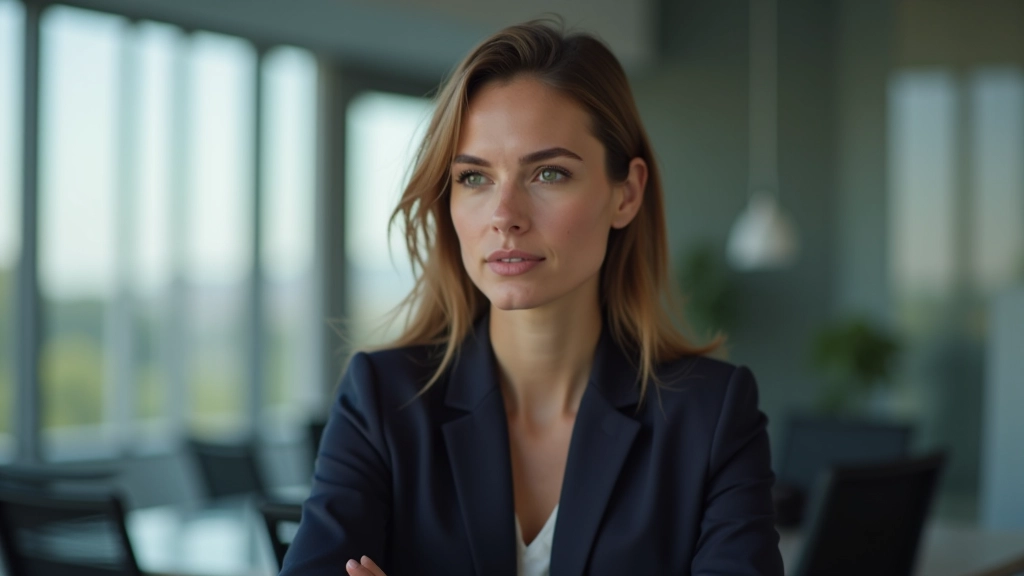 Mulher numa sala de conferência, com expressão calma e confiante, comunicando decisão clara