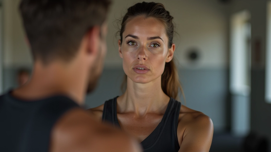 Mulher numa sessão de treino pessoal, em pé com expressão concentrada e determinada