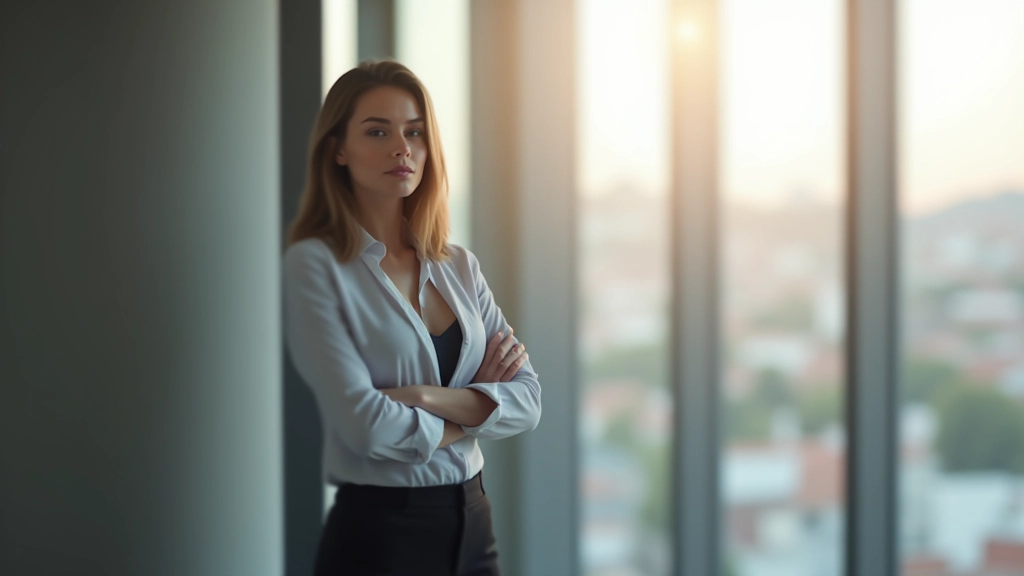Mulher profissional em ambiente de escritório, confiante e de pé junto a uma janela, vista de corpo inteiro